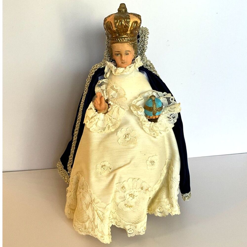 Stunning antique chalkware statue Infant of Prague Blue Velvet Vestments